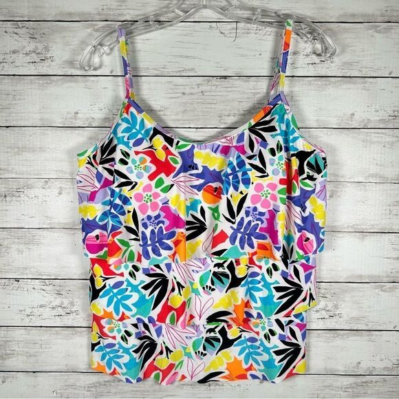 Caribbean Joe Tropical Tiered Tankini Swim Swimwear Bathing Suit Top 16 - Picture 1 of 5